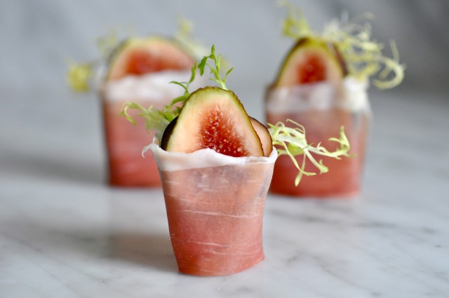 Figs wrapped in prosciutto with frisée and lemon mascarpone