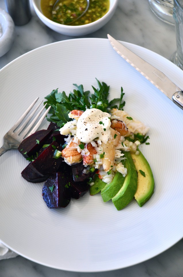 Crab salad with avocado, roasted beets, crème fraîche and lime