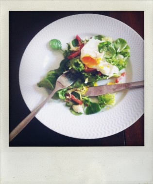 A much needed meal at home - frisée salad with a poached eggs, lardons and a grainy mustard vinaigrette