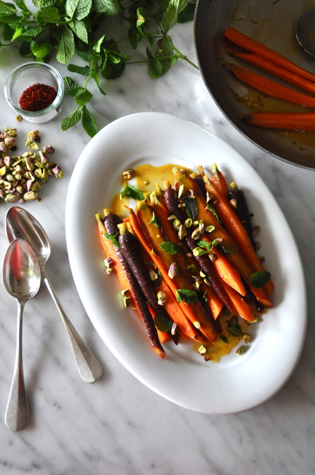 Glazed carrots with saffron, pistachios and mint