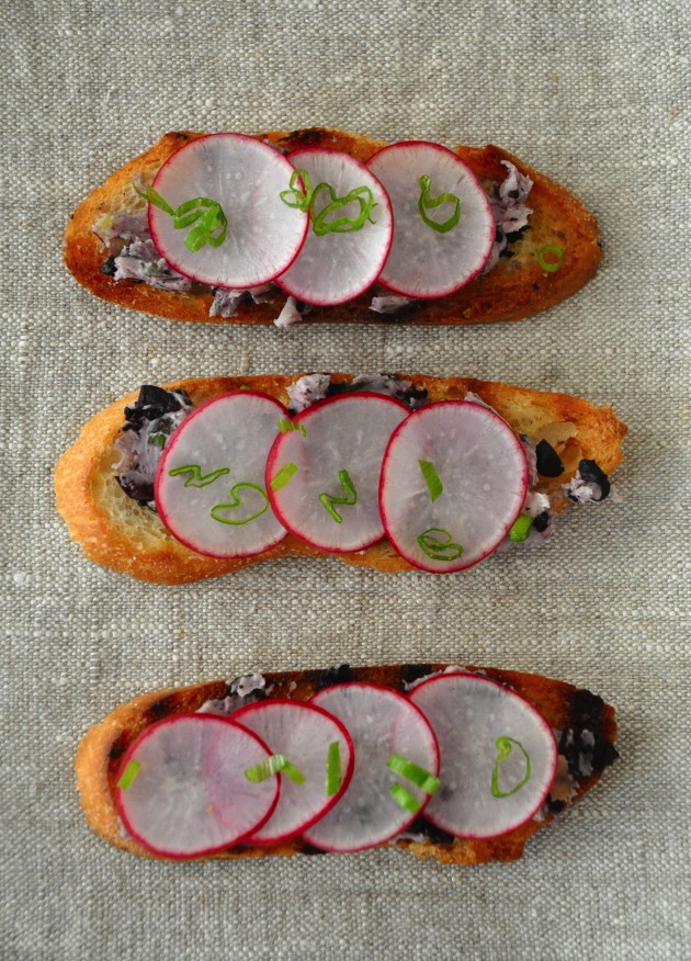 Radish Tartines with black olive butter